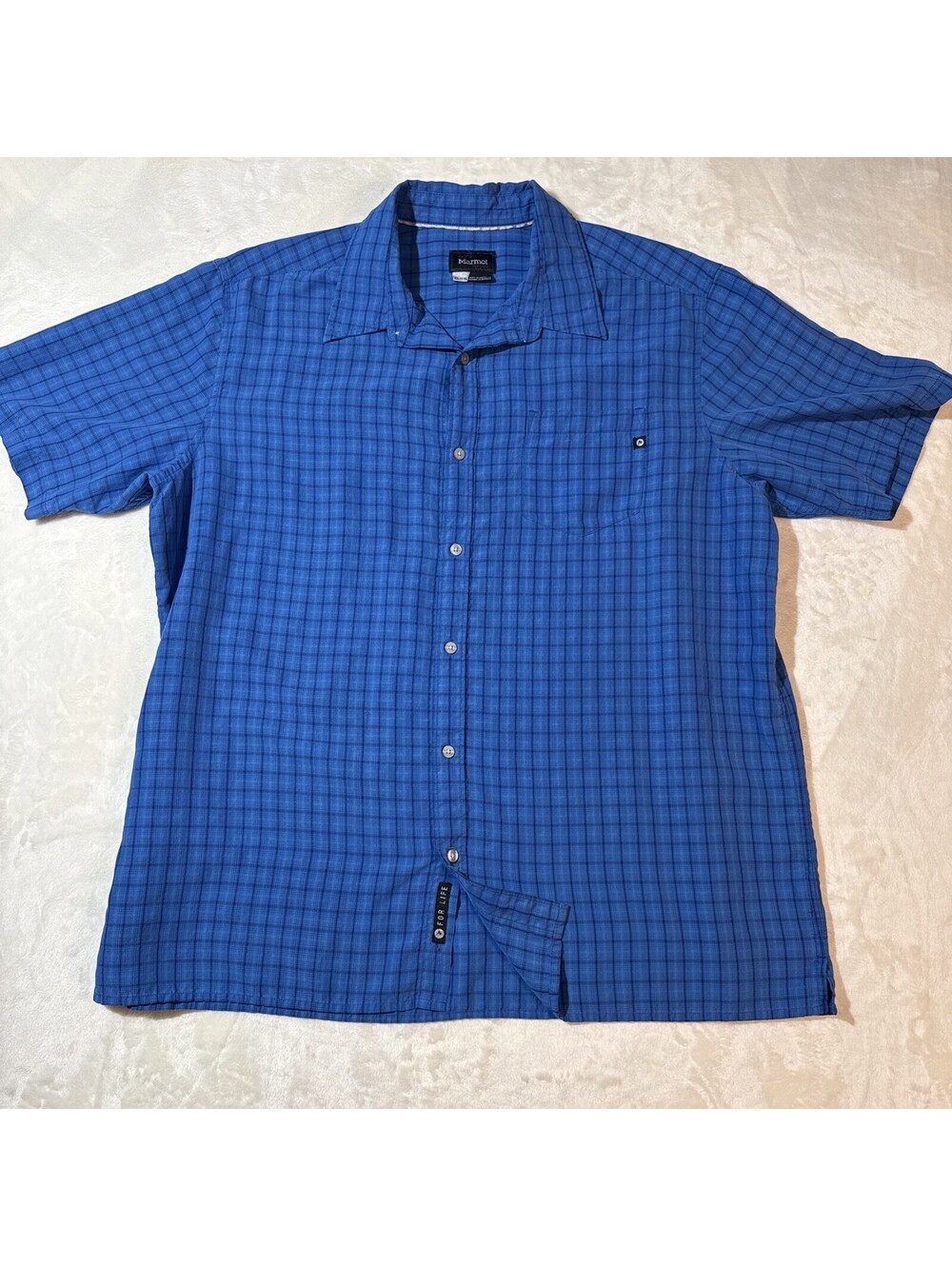 Marmot Mens XXL Short Sleeve Blue Plaid Button-Down Shirt Hiking